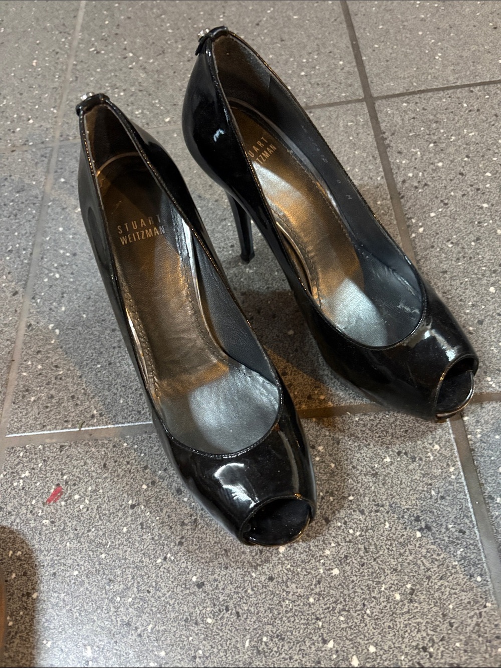 Stuart Weitzman Black Patent Peep-Toe Pumps